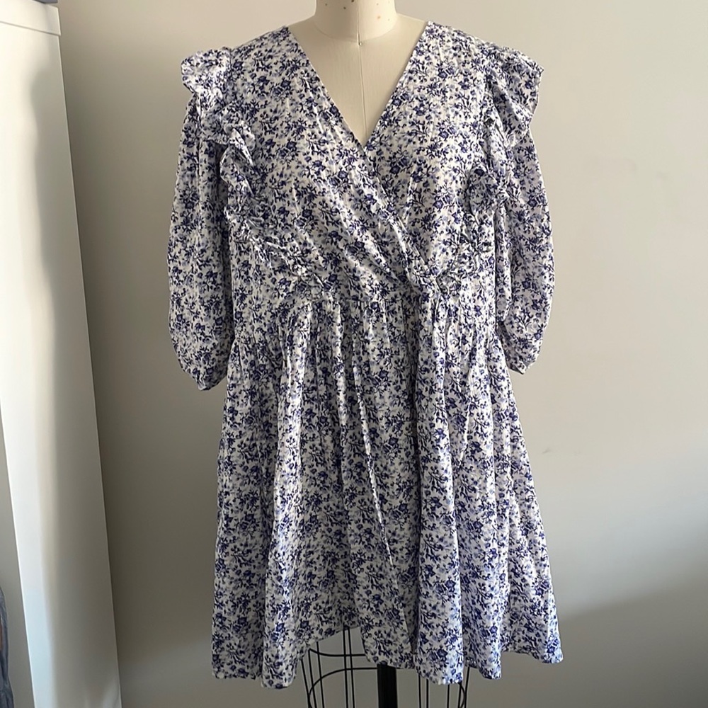 H&M Cotton Blue Printed Ruffle Mini Dress